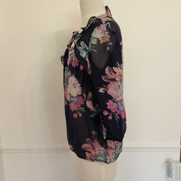 Leifsdottir Sheer Navy Floral Blouse With Ruffled Neckline & 3/4 Sleeves Size S - Picture 5 of 6